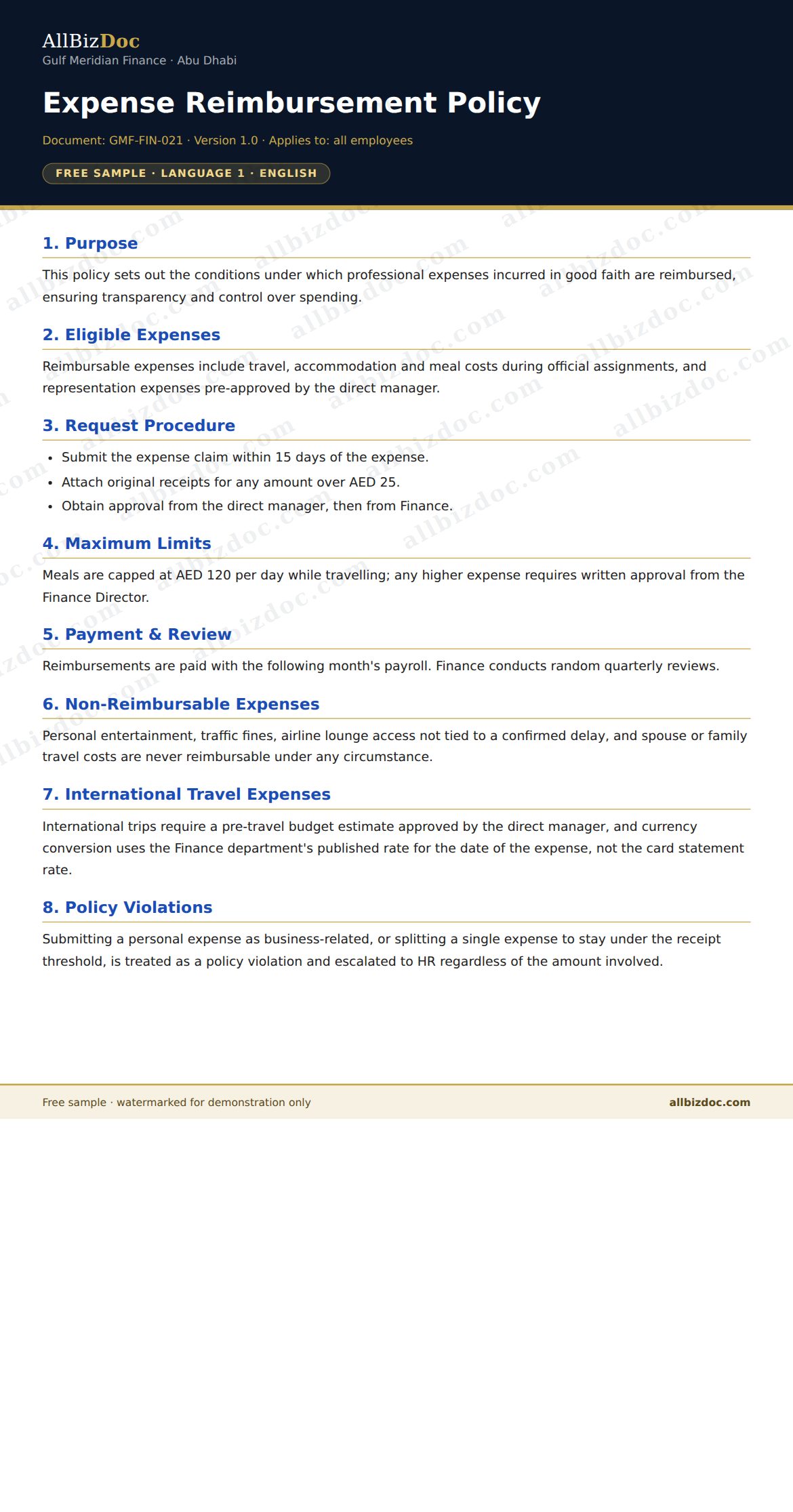 Sample preview: Expense Reimbursement Policy for Banking & Finance