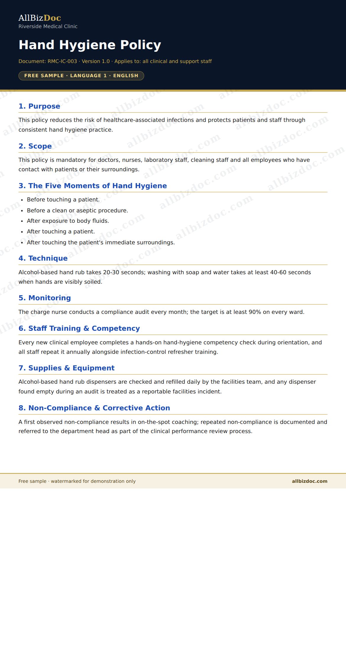 Sample preview: Hand Hygiene Policy for Healthcare