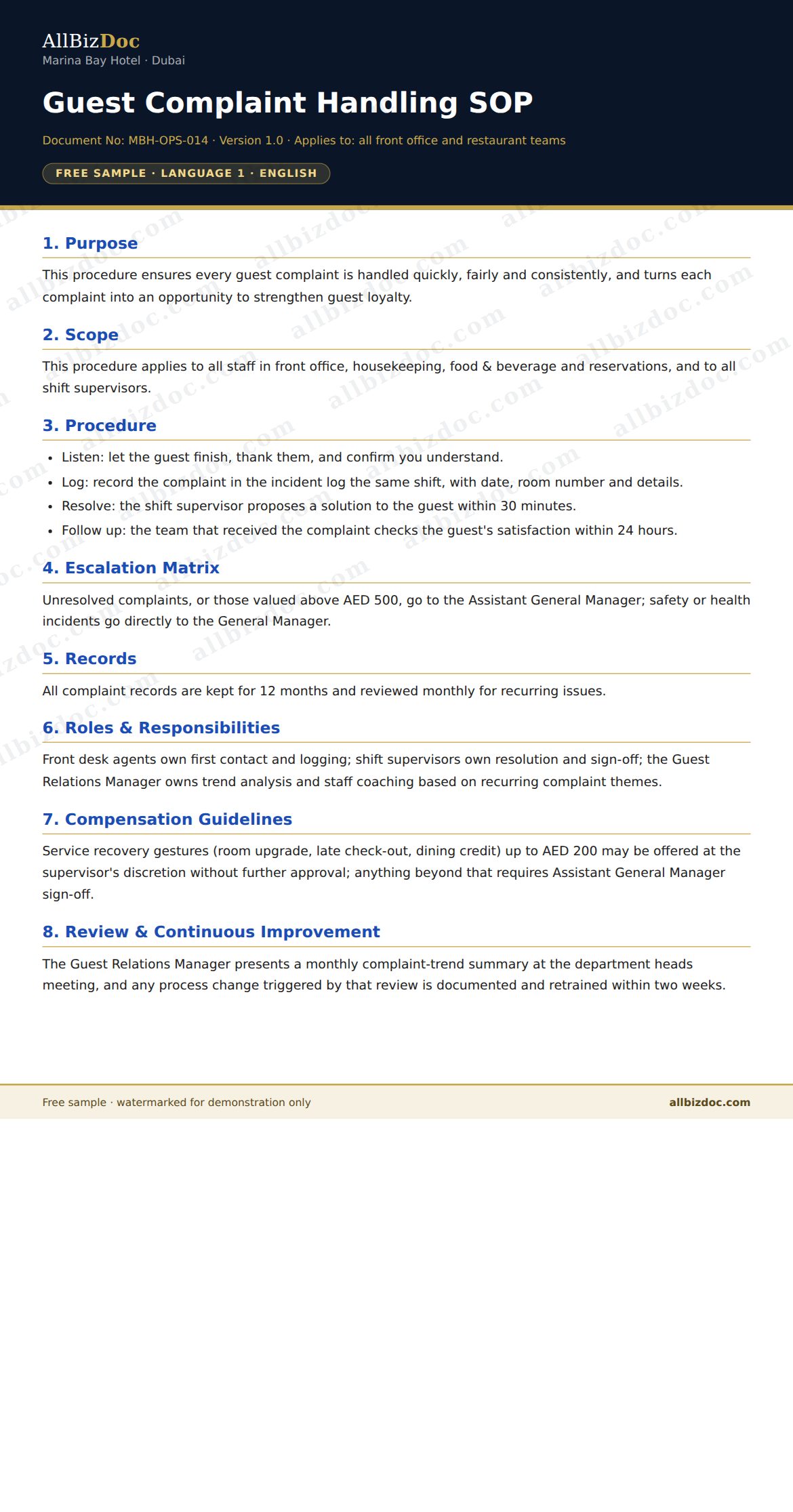 Sample preview: Guest Complaint Handling SOP for Hospitality & Tourism