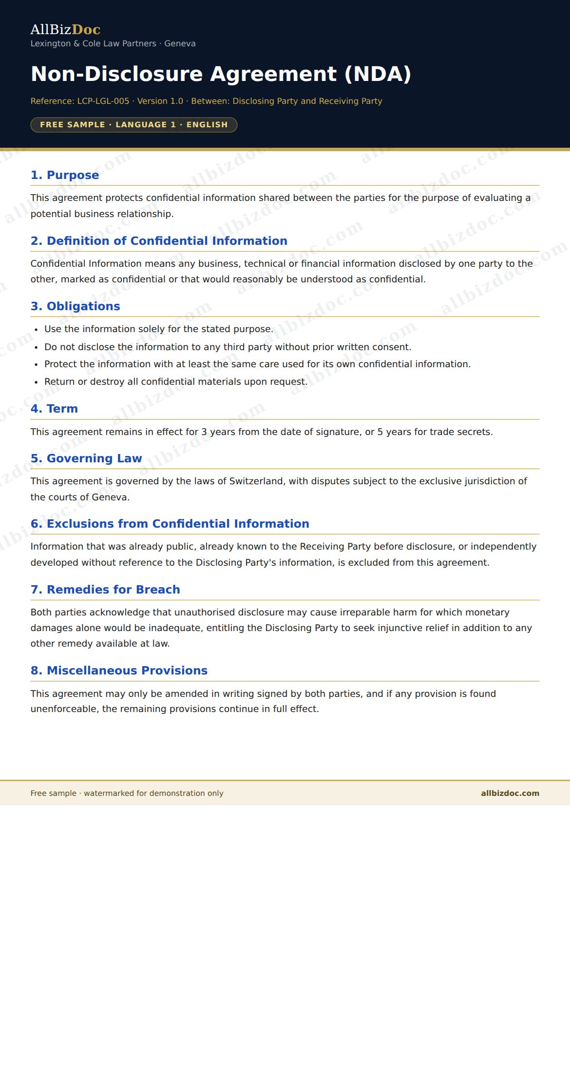 Sample preview: Non-Disclosure Agreement (NDA) for Legal