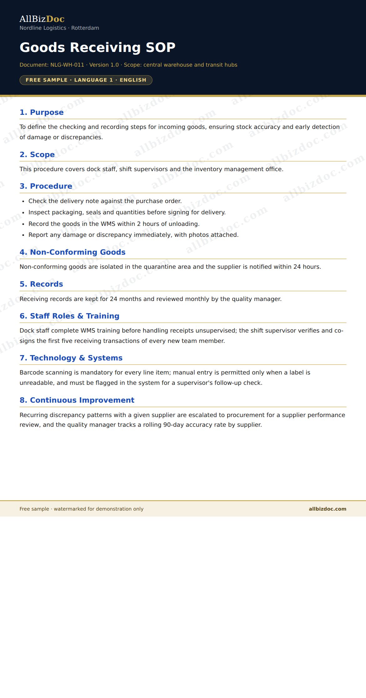 Sample preview: Goods Receiving SOP for Logistics & Supply Chain